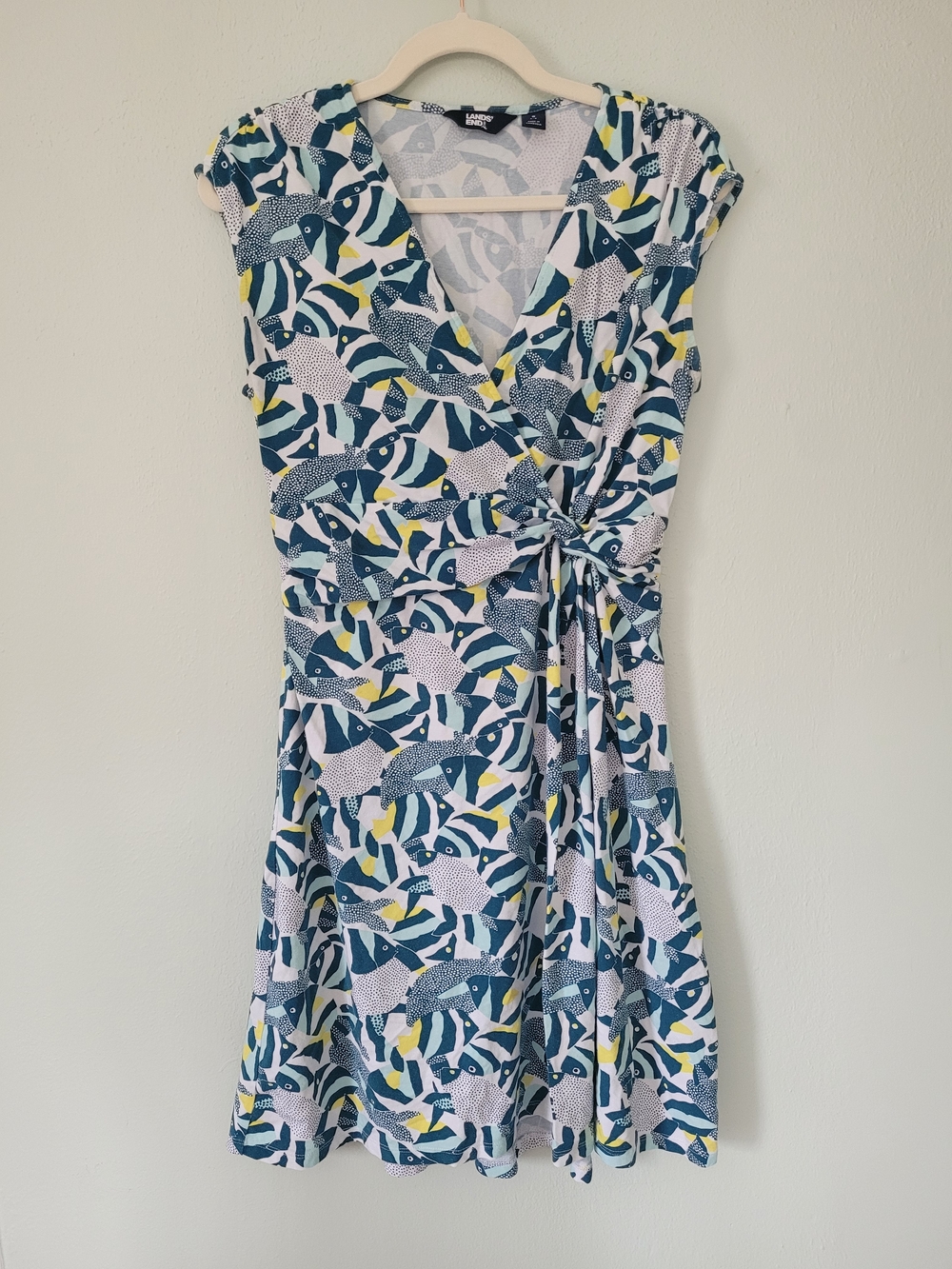 Blue, White & Yellow Printed Wrap-Style Mini Dress - Lands' End - Size Small 6-8